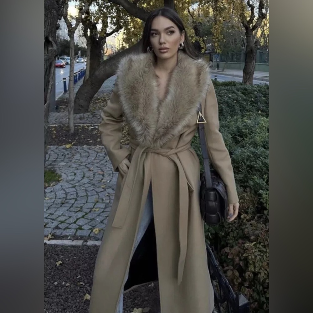 ZARA NEW WOMEN  FAUX FUR WOOL BLEND LAPEL COLLAR COAT